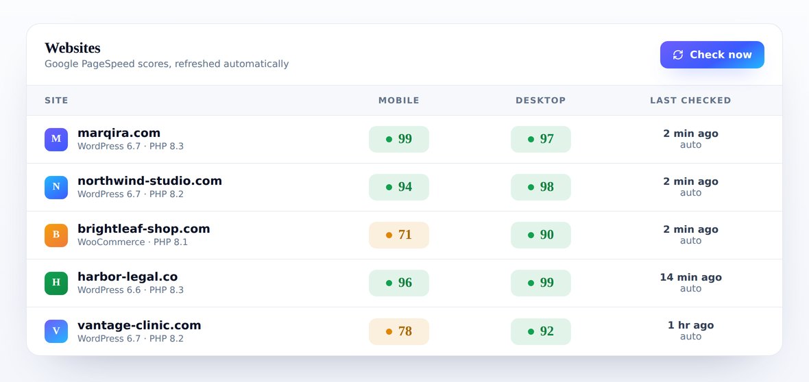 WPCentrify Websites list showing per-site Google PageSpeed mobile and desktop scores with a Check now button, most sites green and two flagged amber