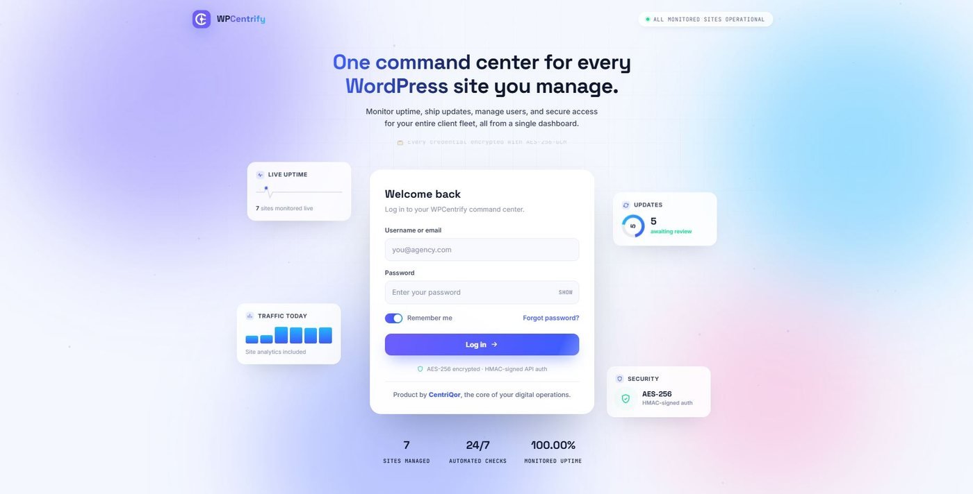 The WPCentrify sign-in screen, headed One command center for every WordPress site you manage, surrounded by live uptime, pending updates, traffic and AES-256 security panels, with seven sites managed and 100 percent monitored uptime shown beneath