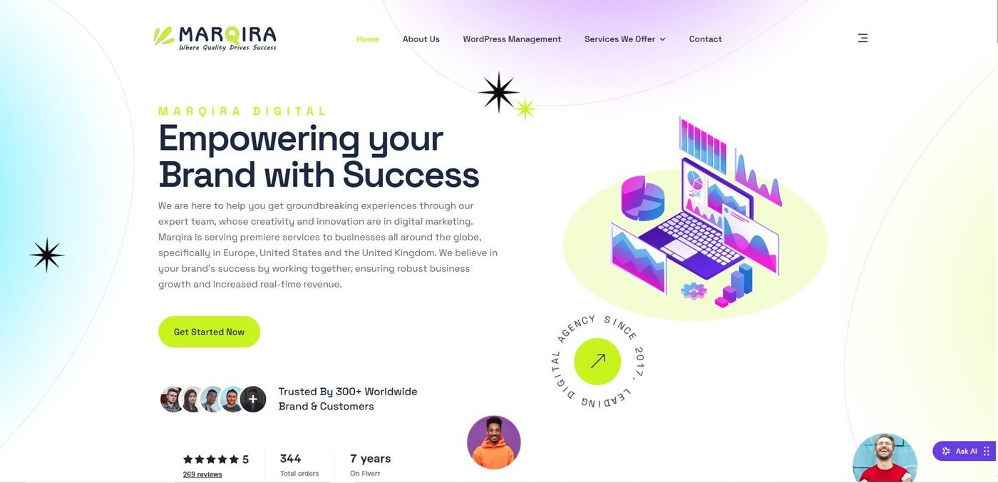 MarQira digital marketing agency homepage, tagline Where Quality Drives Success