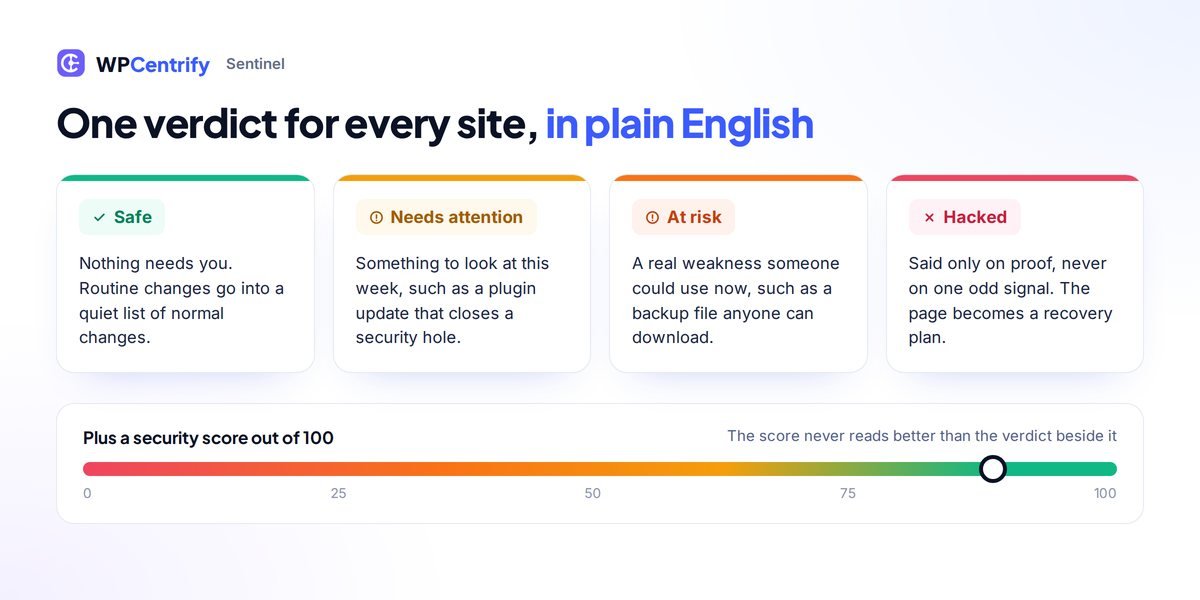 The four Sentinel verdicts: Safe, Needs attention, At risk and Hacked, each with a plain-English meaning, above a security score scale from 0 to 100