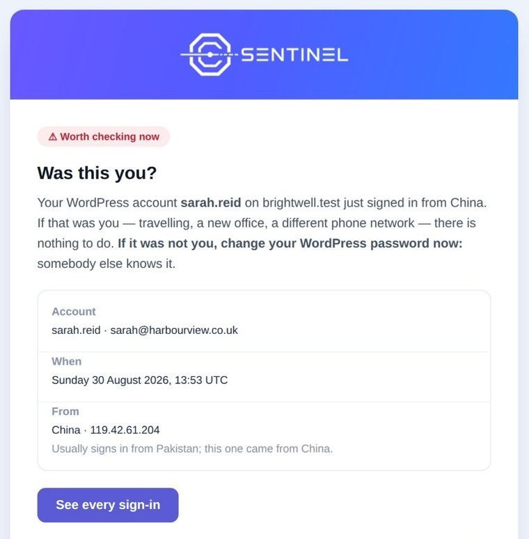 Sentinel email titled Was this you, saying a WordPress account on a client site just signed in from a new country, with the account, the time, where it came from and a button to see every sign-in