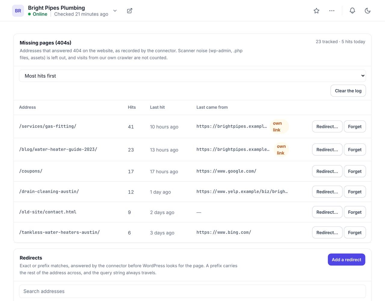 The WPCentrify 404 log for an example WordPress site listing missing addresses with hit counts and a Redirect button on each row