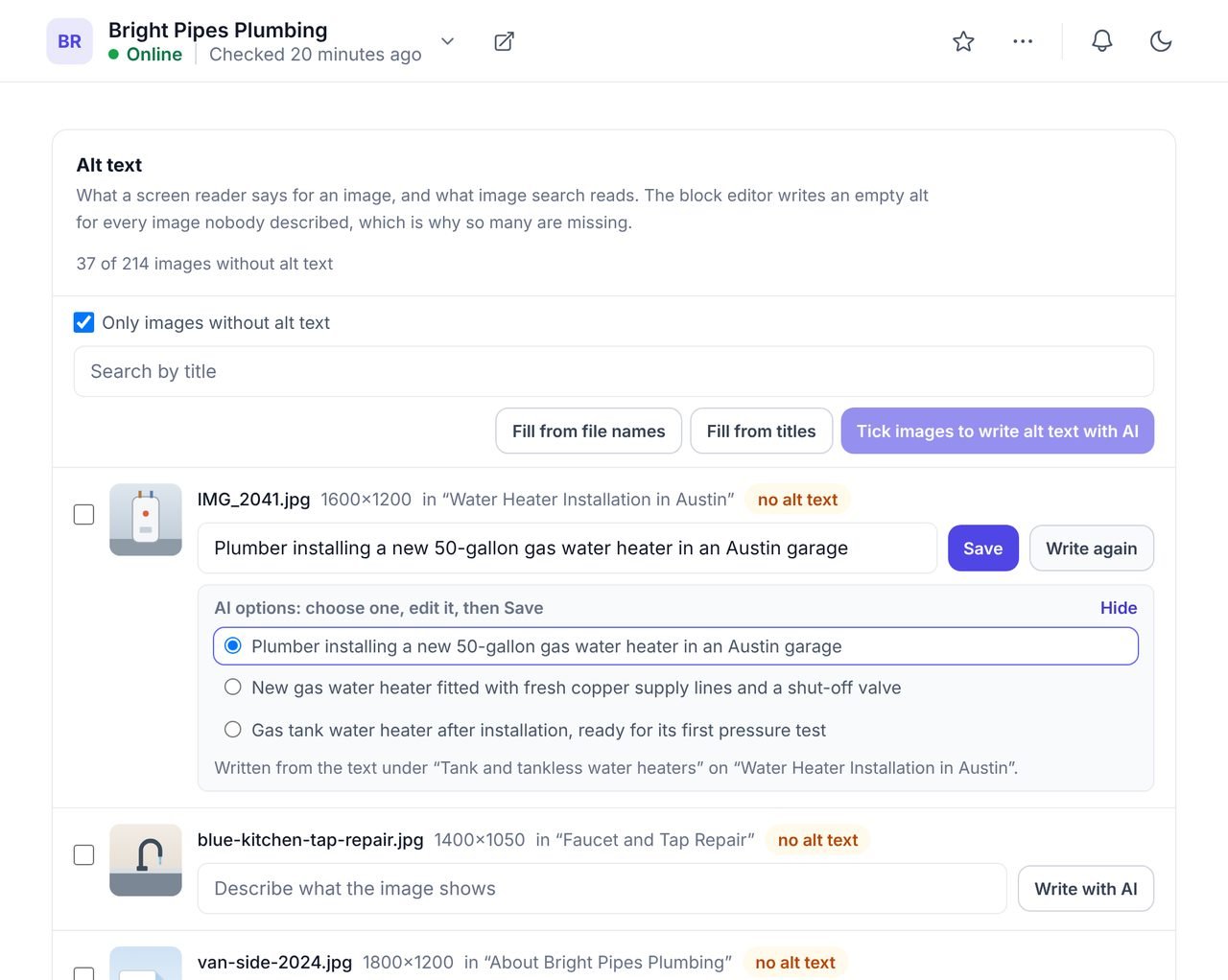 AI alt text options for an example WordPress image in WPCentrify, with the heading and page they were written from