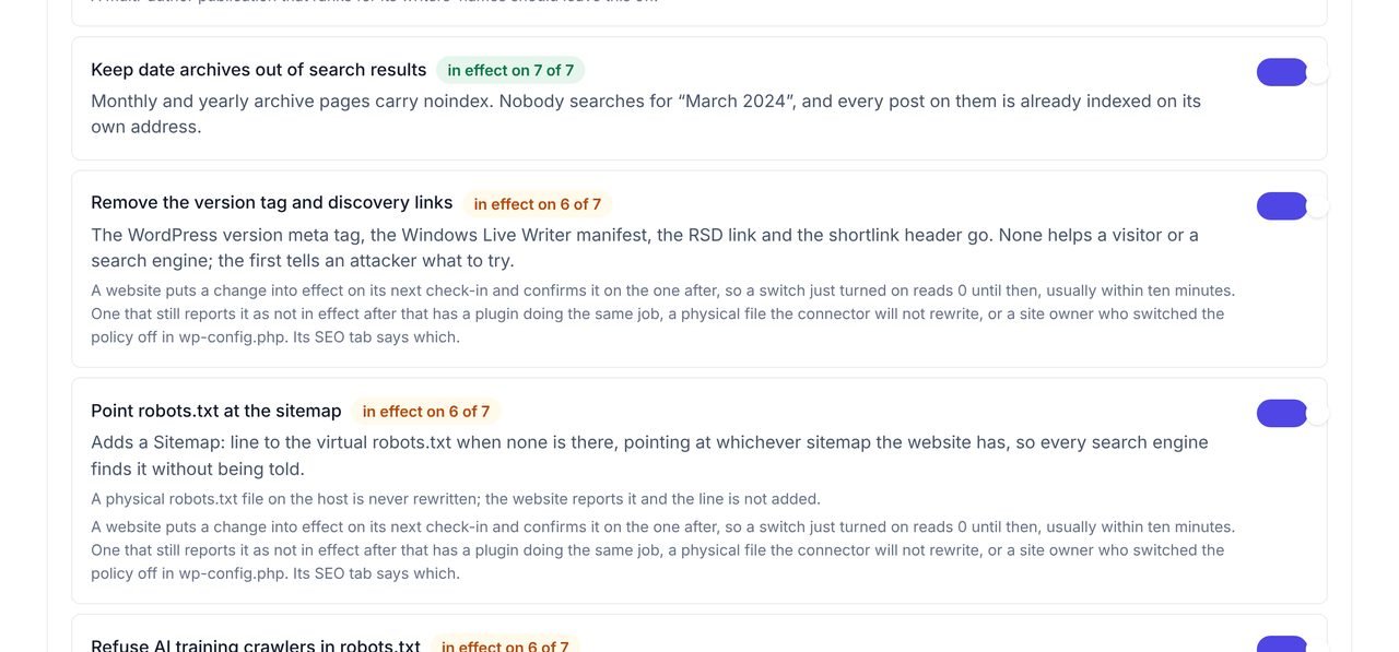 The WPCentrify SEO policy with the switch to refuse AI training crawlers in robots.txt turned on for every connected site