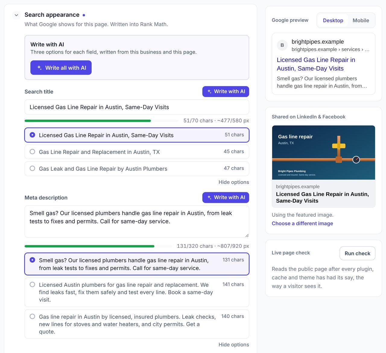 Write with AI in the WPCentrify content editor showing three meta title options and three meta description options for an example page