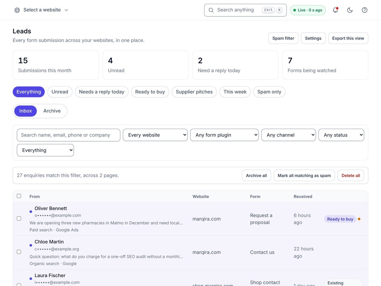 WPCentrify Lead Captures for an example portfolio: 15 submissions this month, filters for unread, ready to buy, supplier pitches and spam, and every enquiry with its website, form and source