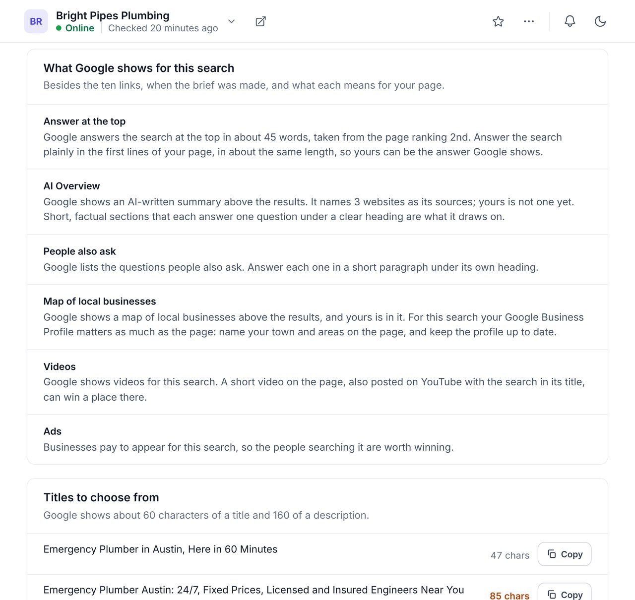 The What Google shows for this search part of a WPCentrify content brief for an example plumbing search, explaining the answer at the top, the AI Overview, People also ask, the local map, videos and ads, above title options with character counts
