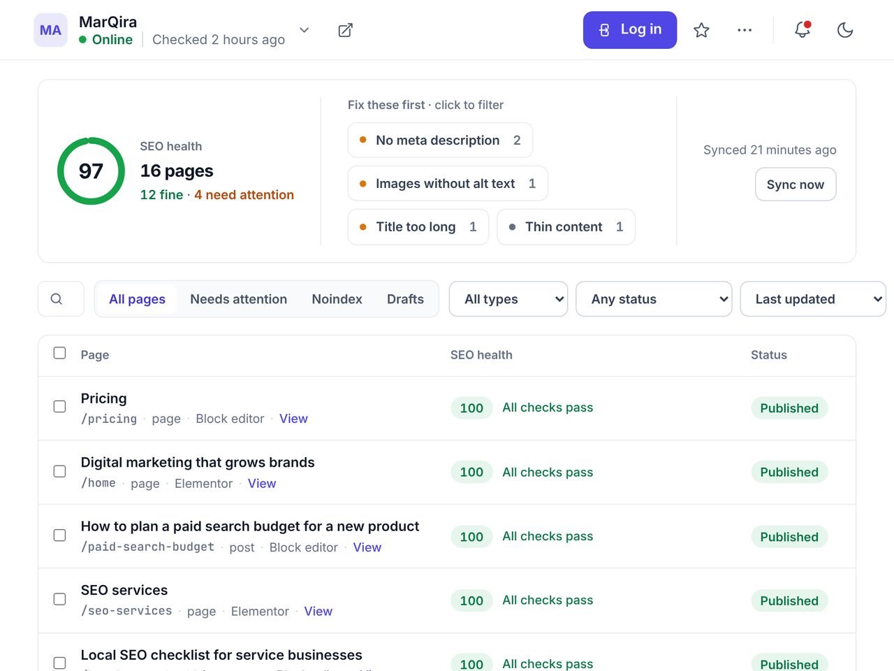 The WPCentrify Content tab for an example website: an SEO health score of 97 across 16 pages, the findings to fix first, and an SEO verdict for every page and post
