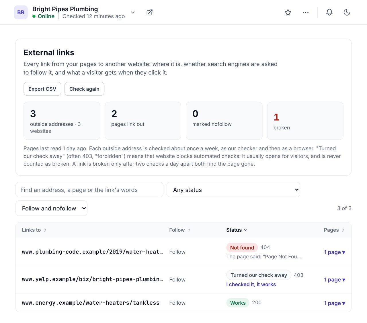 The WPCentrify External links list for an example WordPress site with each outside address, its status, the pages linking to it and its rel attribute