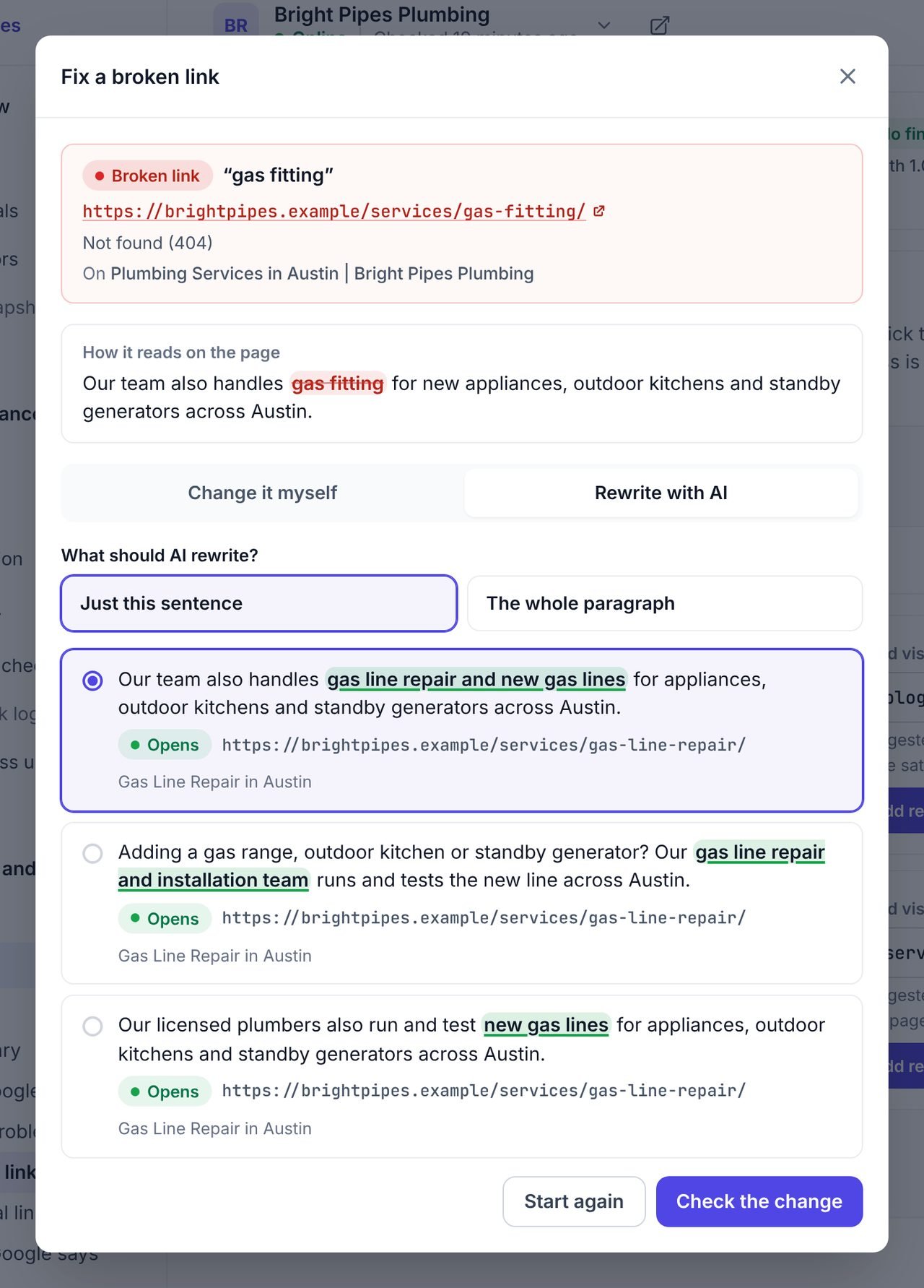 The Rewrite with AI tab of the WPCentrify Fix a broken link dialog, offering three rewritten sentences that each link to a live page that opens