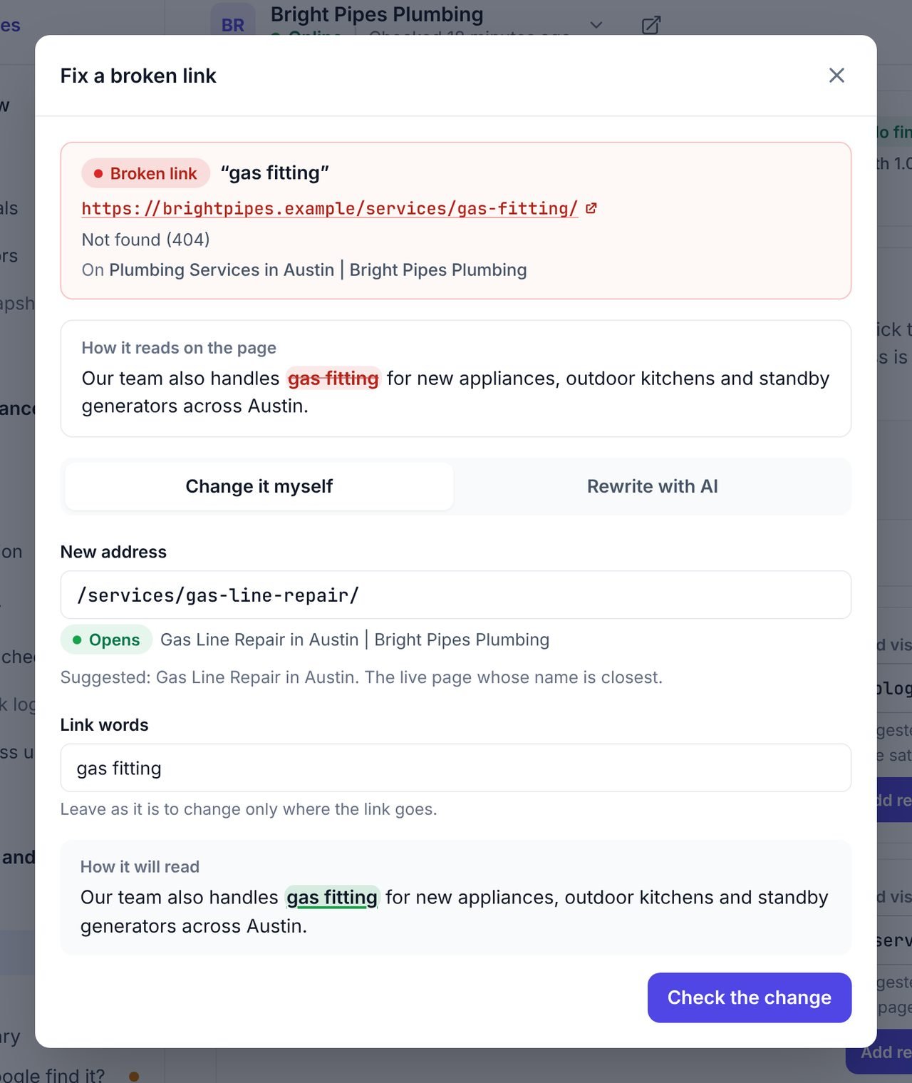 The Fix a broken link dialog in WPCentrify for an example plumbing page, with the broken link struck through in its sentence and a new address that opens filled in under Change it myself