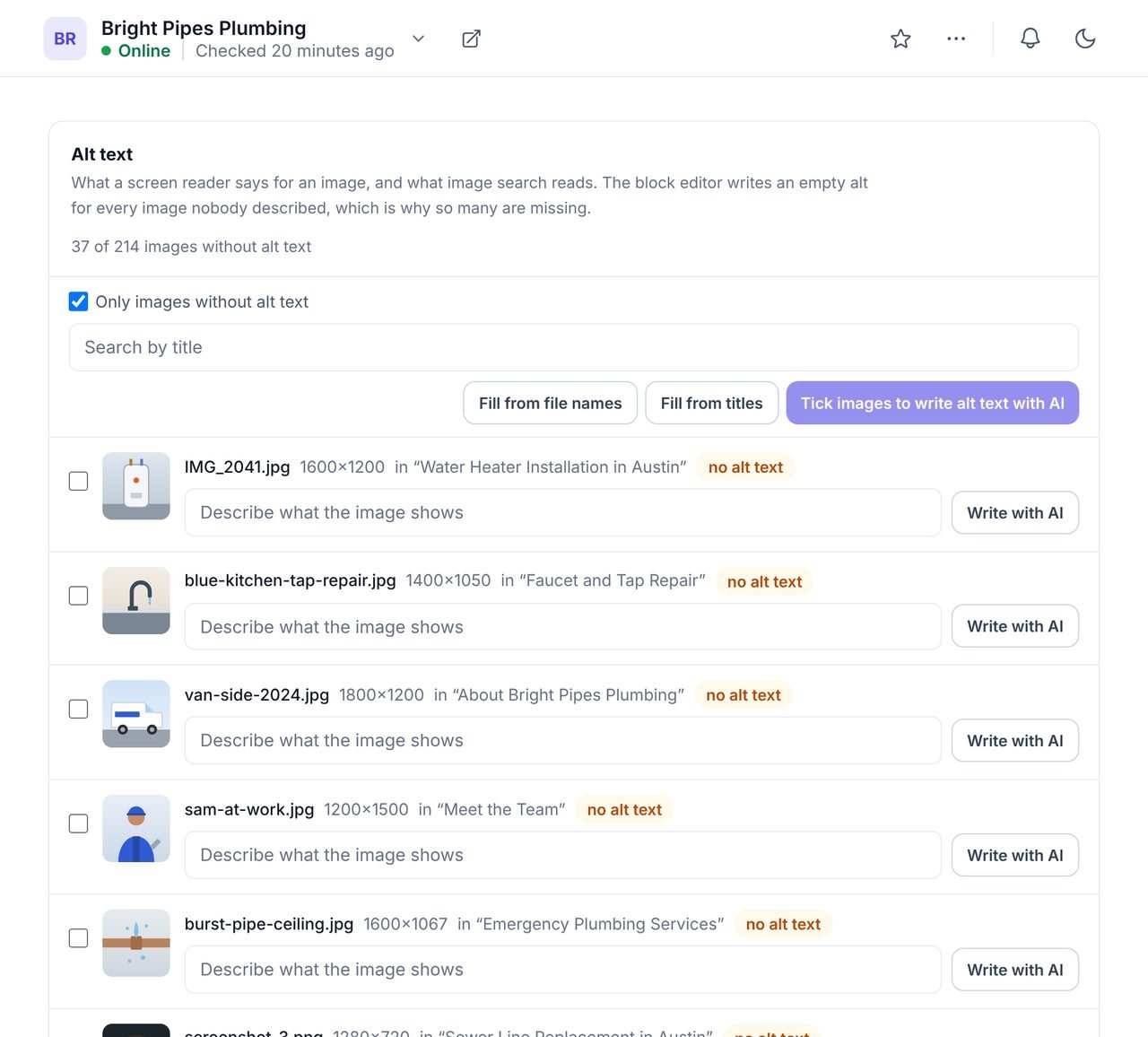 The Image descriptions list in WPCentrify for an example WordPress site, with images missing alt text listed first and buttons to fill from file names, fill from titles or write with AI