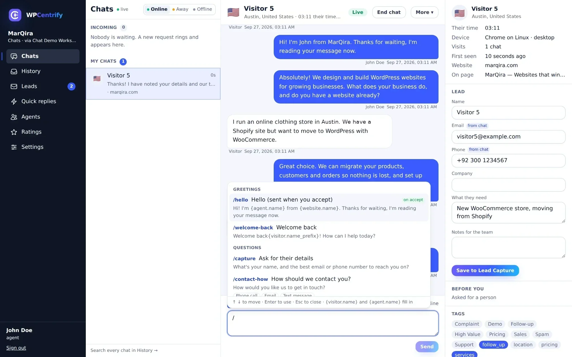 WPCentrify live chat agent desk: a conversation with a visitor from Austin, United States on marqira.com, the quick replies menu open with greeting and question templates, and a visitor panel with a lead card that has filled in the visitor's email, phone and what they need