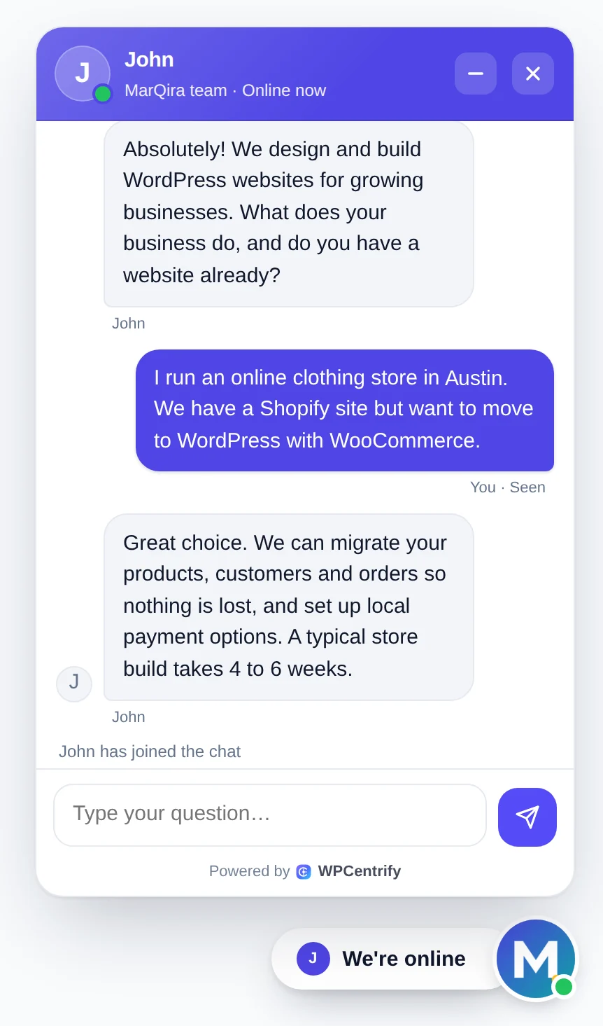 WPCentrify live chat window on a WordPress website: John from the MarQira team, shown online now, answering a visitor who wants to move an online clothing store from Shopify to WordPress with WooCommerce