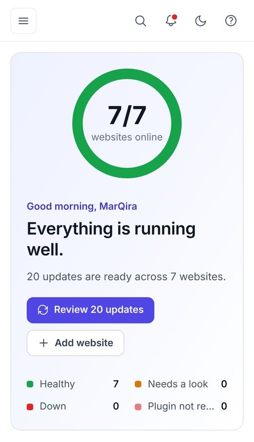 The same WPCentrify overview on a phone: 7 of 7 websites online and 20 updates ready to review