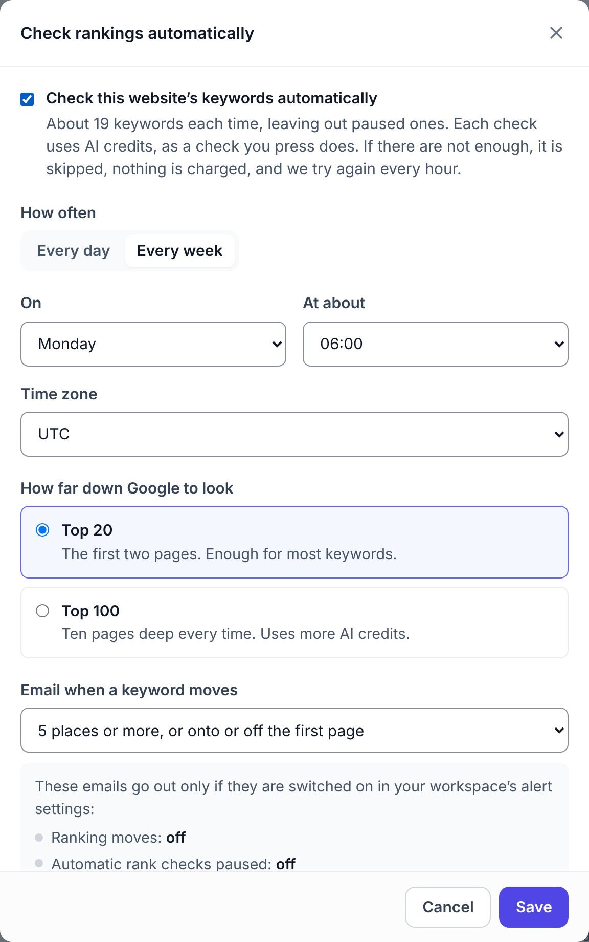 The Check rankings automatically dialog in WPCentrify with every day or every week, a day and time, a time zone, the depth of the check and the email rule for keyword moves