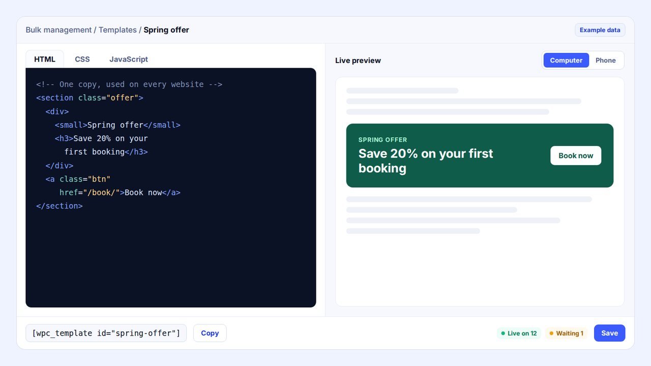 The WPCentrify template editor with example data: HTML, CSS and JavaScript tabs on the left, a live preview of a spring offer banner on the right, the shortcode wpc_template id spring-offer with a Copy button, and the template live on 12 websites