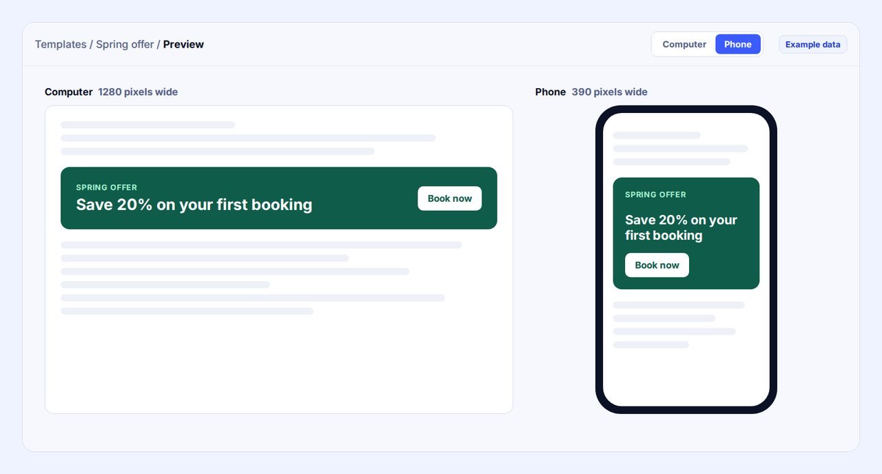 The same template previewed at 1280 pixels for a computer and 390 pixels for a phone, with example data: on the phone the button moves under the headline