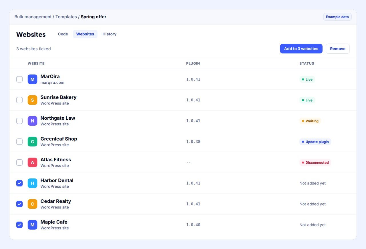 The Websites tab of a template, with example data: eight websites with their plugin version and status (Live, Waiting, Update plugin, Disconnected, Not added yet) and three ticked websites ready for Add to 3 websites
