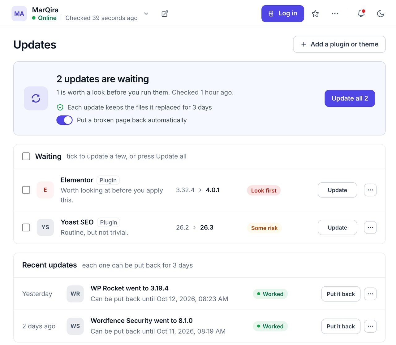 A website's Updates tab in WPCentrify: two waiting plugin updates labelled Look first and Some risk, automatic put-back switched on, and recent updates that can be put back for 3 days