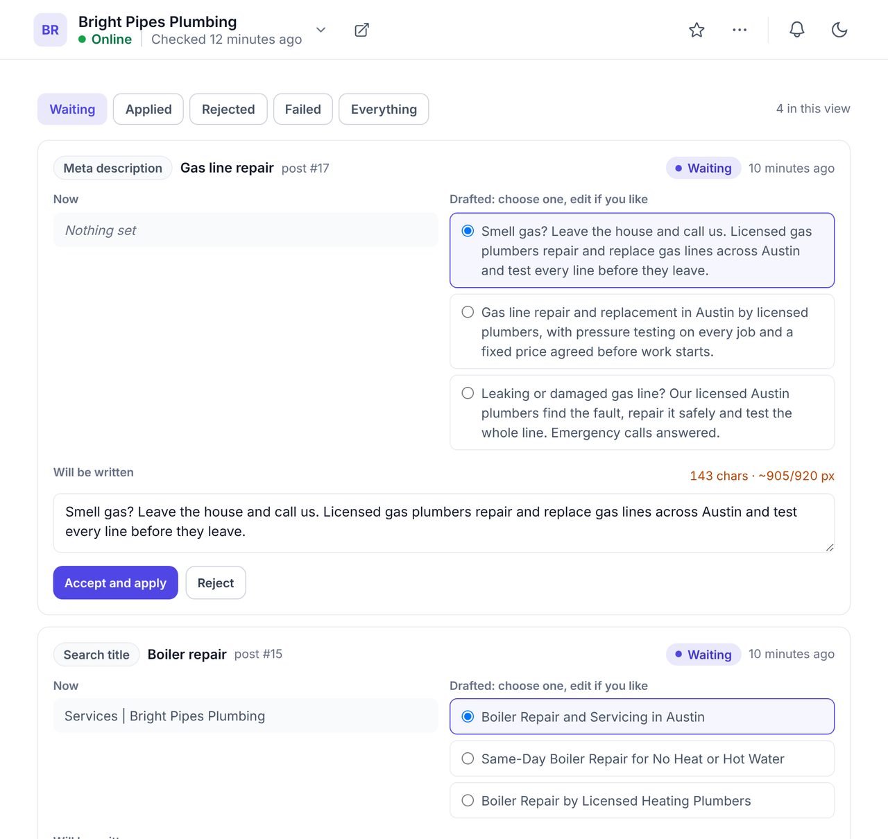 The WPCentrify Suggestions queue with AI-drafted titles and descriptions for several pages, each with accept, edit and reject buttons