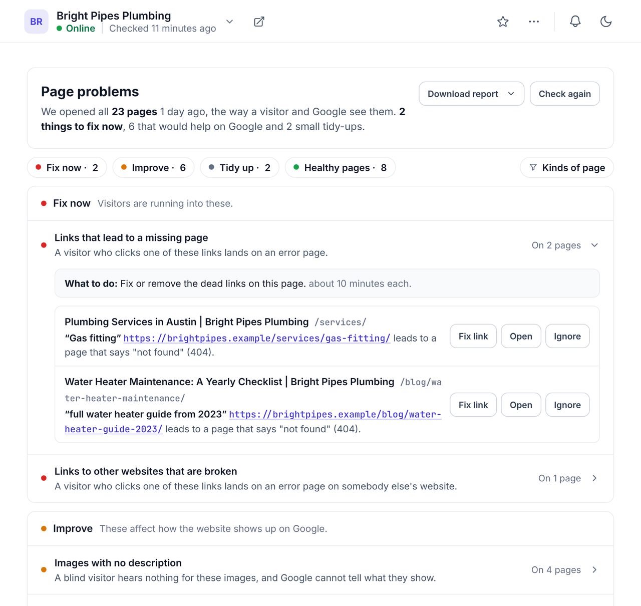 The Page problems list for an example WordPress site, grouped into Fix now, Improve and Tidy up, with the number of pages affected and an effort estimate for each job