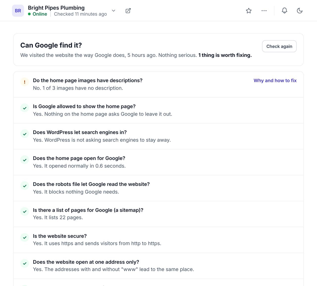 The Can Google find it? panel for an example WordPress site, answering questions such as whether Google may show the home page, whether there is a sitemap and whether the site opens at one address only